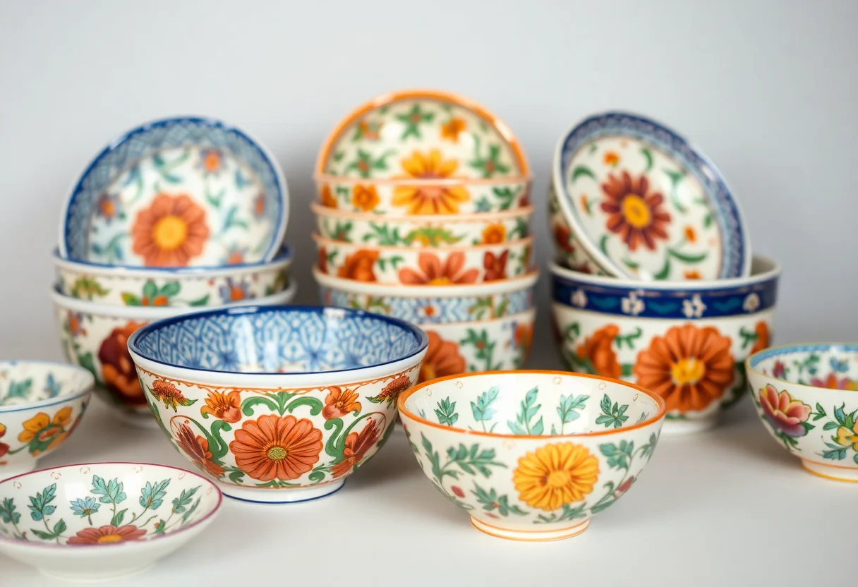 A collection of hand-painted ceramic bowls with floral Iznik patterns.