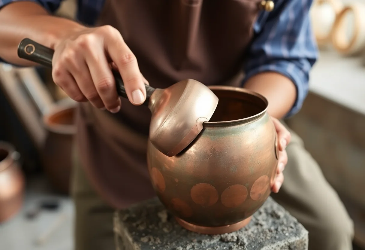 A coppersmith hammering a piece of copper to create a traditional pot.