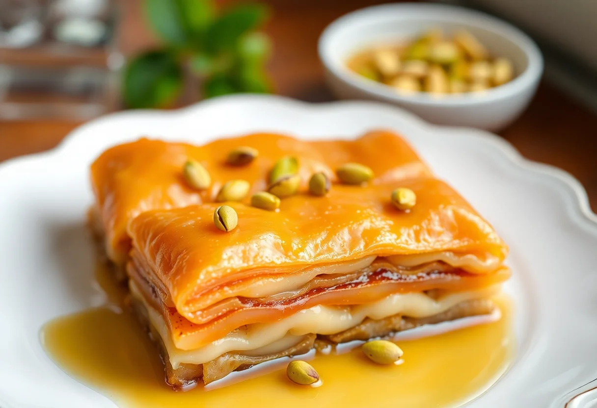 A delicious plate of Turkish baklava with pistachios, glistening with syrup.