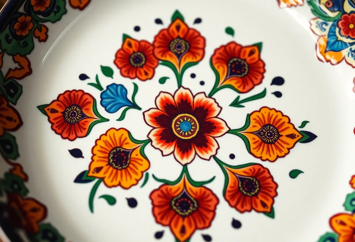 A detailed close-up of a colorful, traditional Turkish ceramic plate with intricate floral patterns.