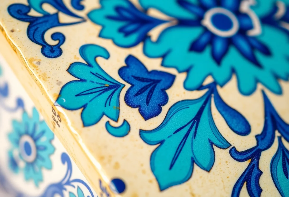 A detailed close-up of a hand-painted Turkish ceramic tile with intricate blue and turquoise floral patterns.