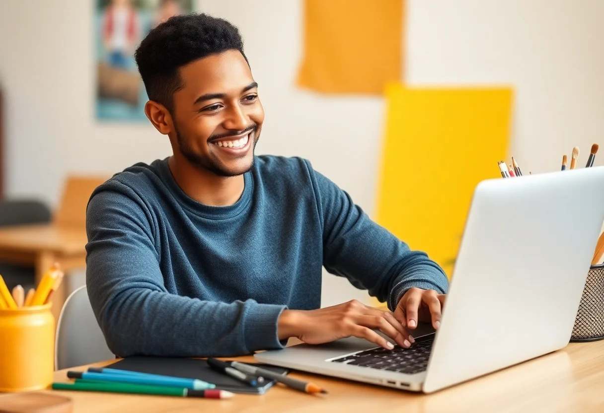 A person smiling while participating in an online class on a laptop, with art supplies on the desk.