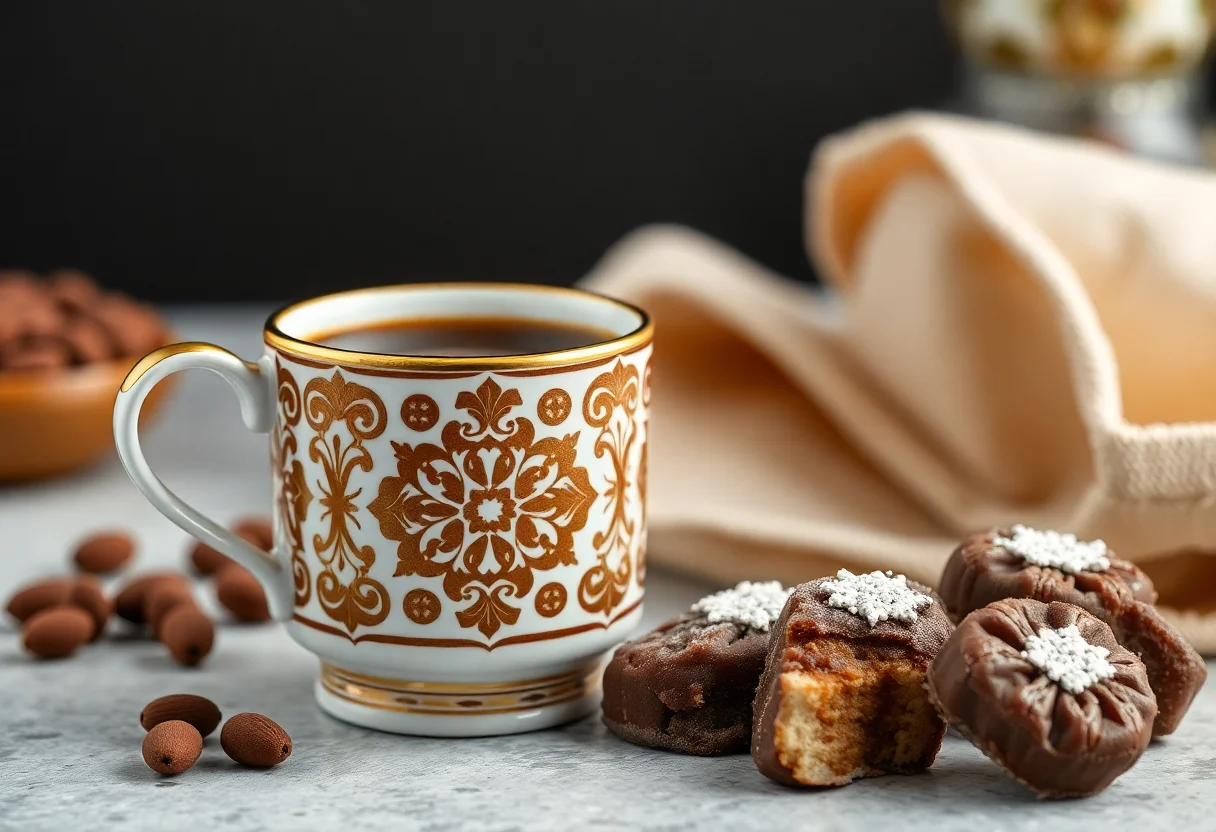 A traditional Turkish coffee cup with intricate patterns, next to Turkish delight.