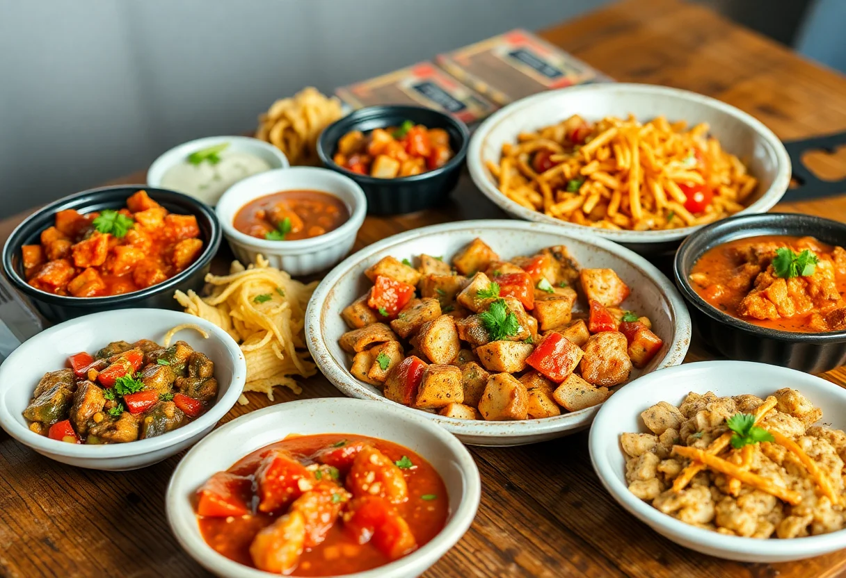 A variety of colorful Turkish meze dishes and appetizers on a wooden table.