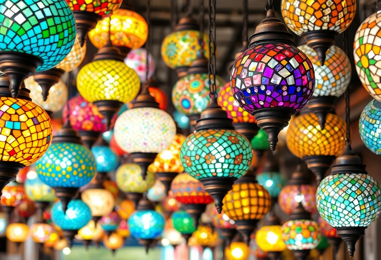 A vibrant display of colorful mosaic glass lamps hanging in a Turkish market.