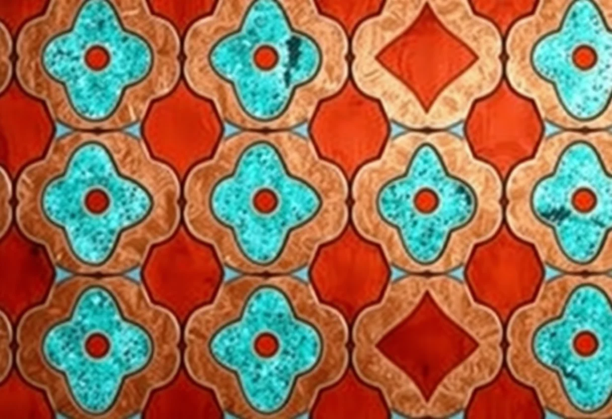Abstract Anatolian-style pattern with turquoise and copper colors representing security and tradition.