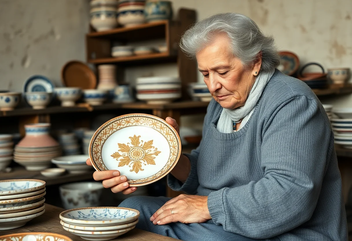 An elderly artisan woman carefully painting a traditional Turkish ceramic plate in a workshop.