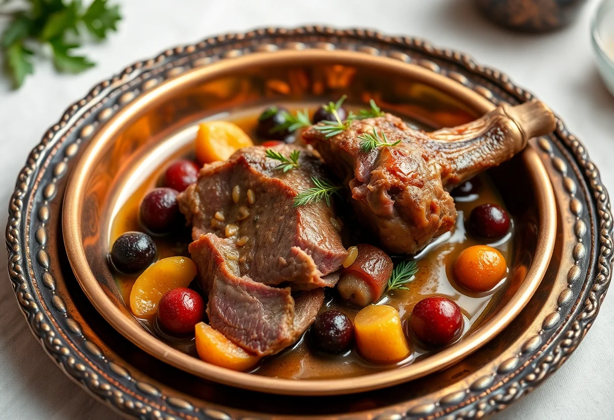 An elegantly prepared dish of Ottoman cuisine featuring lamb and dried fruits on a traditional copper plate.