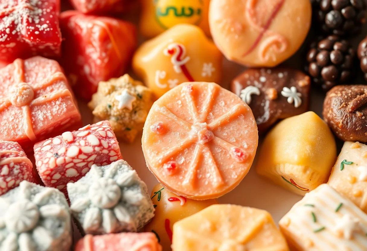 Close-up of a Turkish delight platter with various flavors and colors.