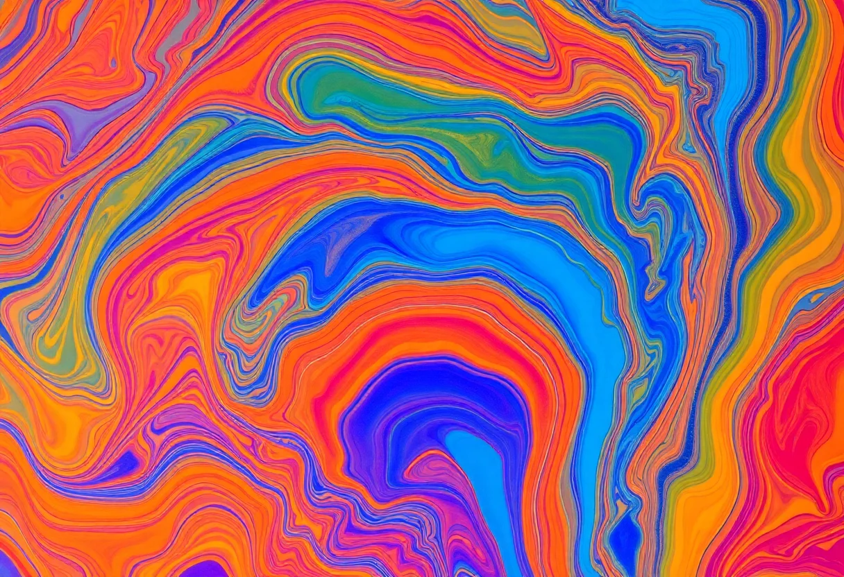 Colorful abstract pattern of Ebru marbling art on water surface.