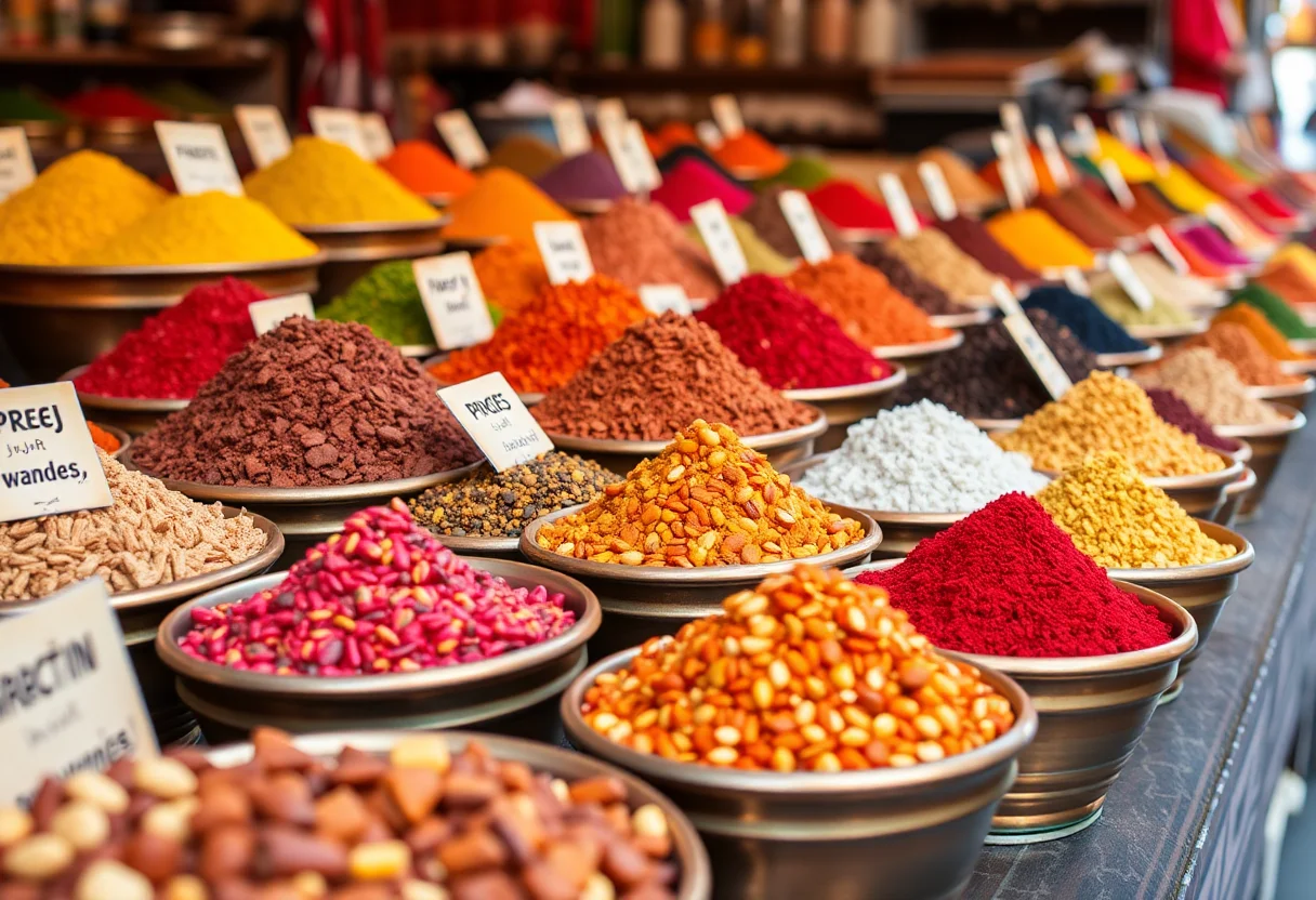 Colorful Turkish spices in copper bowls at a bazaar.