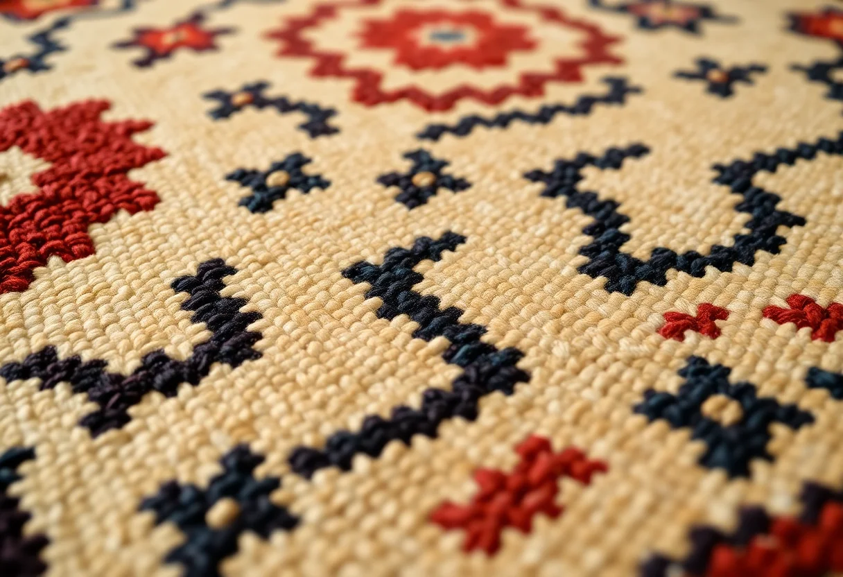 Intricate details of a hand-woven Anatolian carpet with geometric patterns.