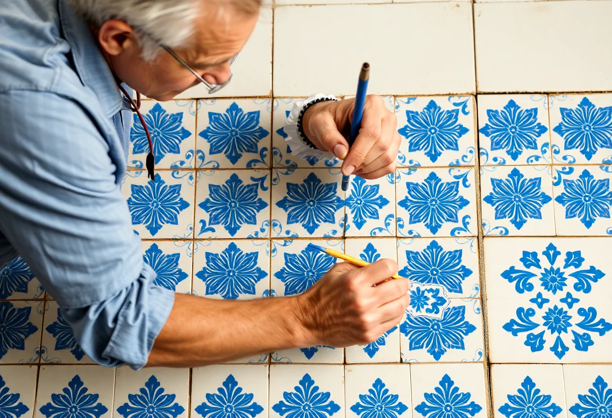 Man carefully painting an intricate blue pattern on a ceramic tile.