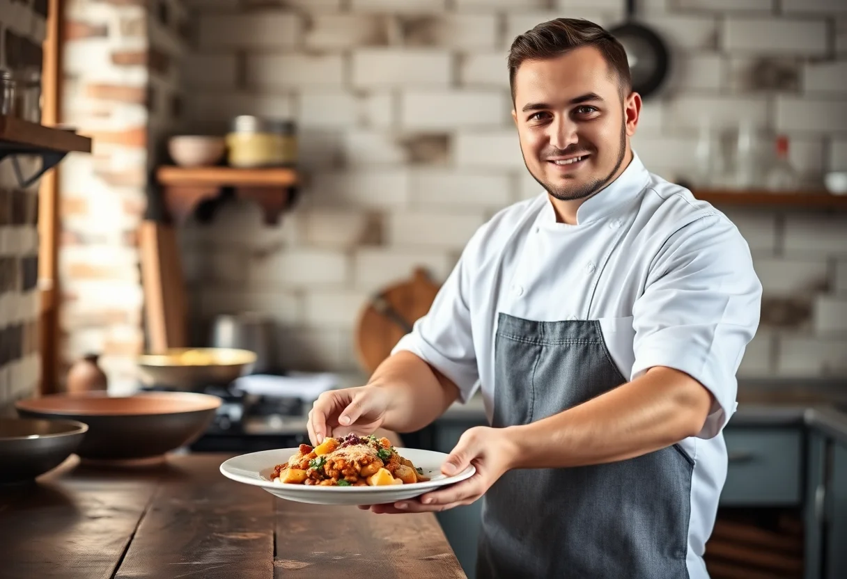 Portrait of a male chef plating a traditional dish in a rustic kitchen.