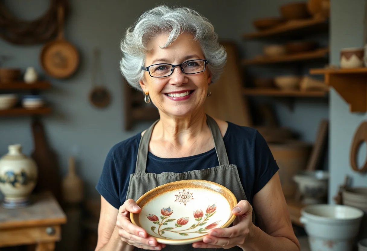 Portrait of a smiling senior female artisan holding a hand-painted ceramic plate in her workshop.
