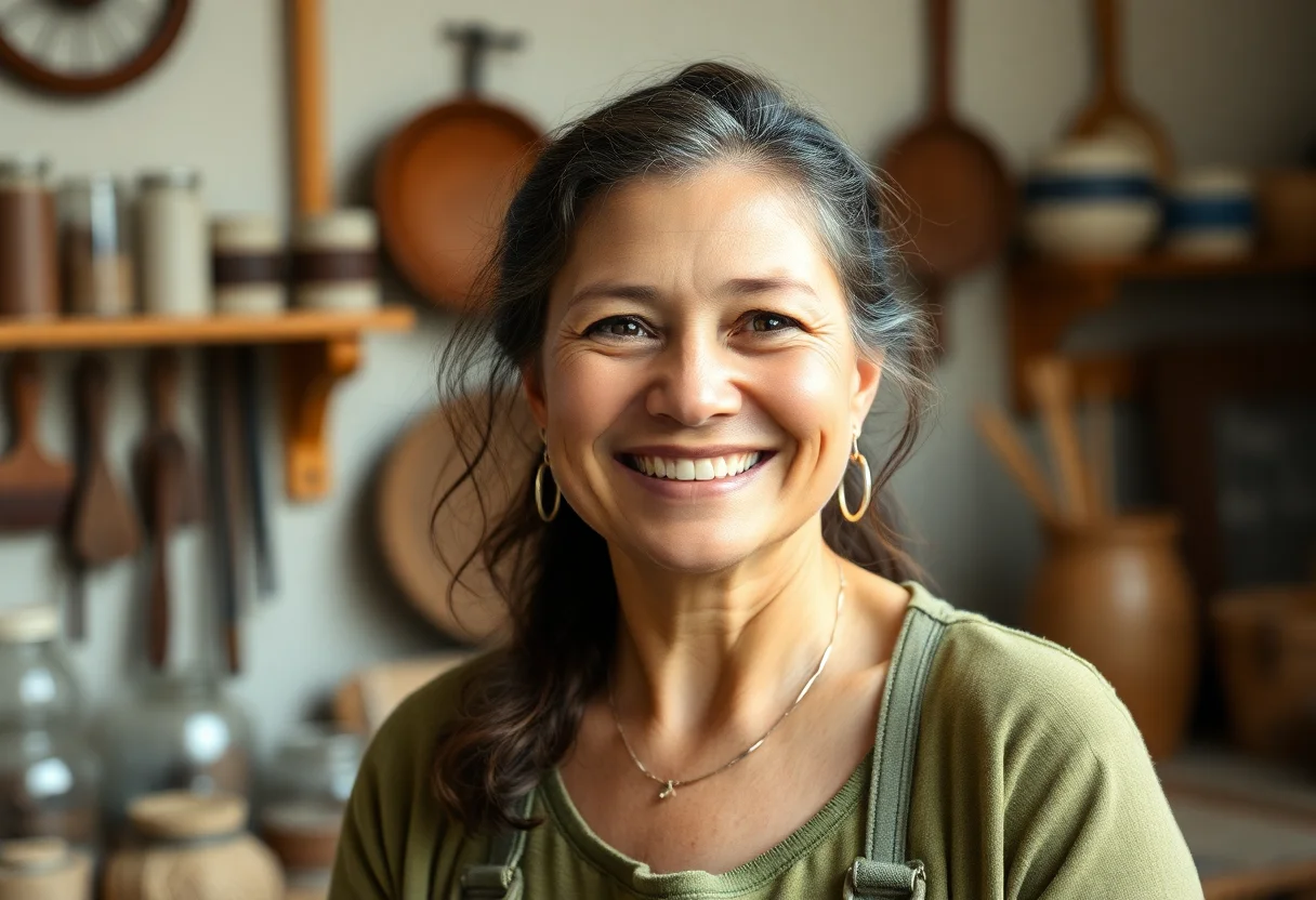 Portrait of a smiling woman artisan in her workshop.
