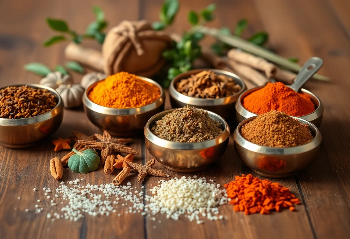 Spices in traditional copper bowls arranged artistically on a wooden surface.
