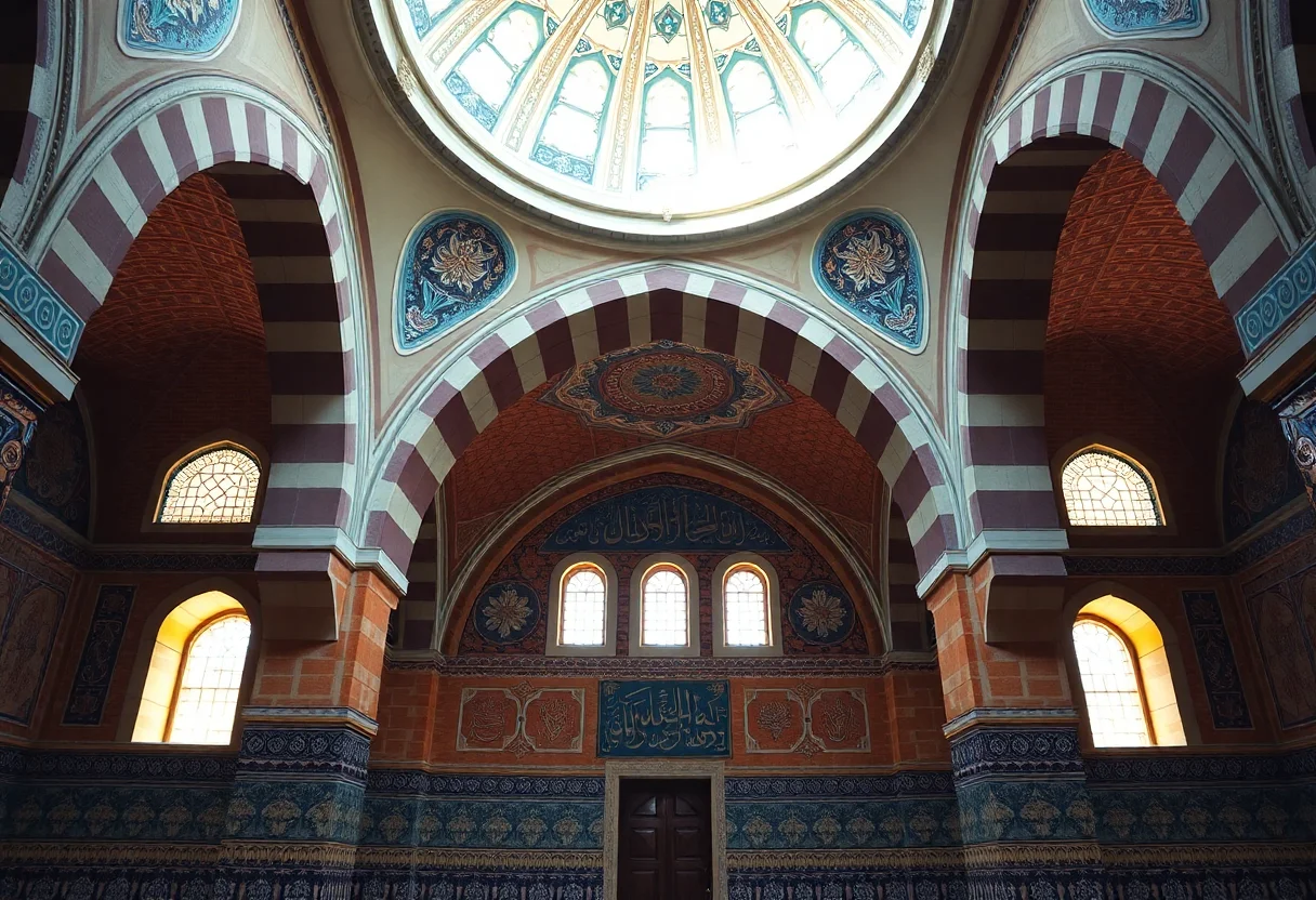 The interior of a historic Turkish building with beautiful tilework and arches.