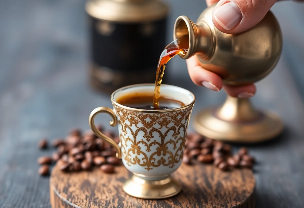 Traditional Turkish coffee being poured into a small, ornate cup.