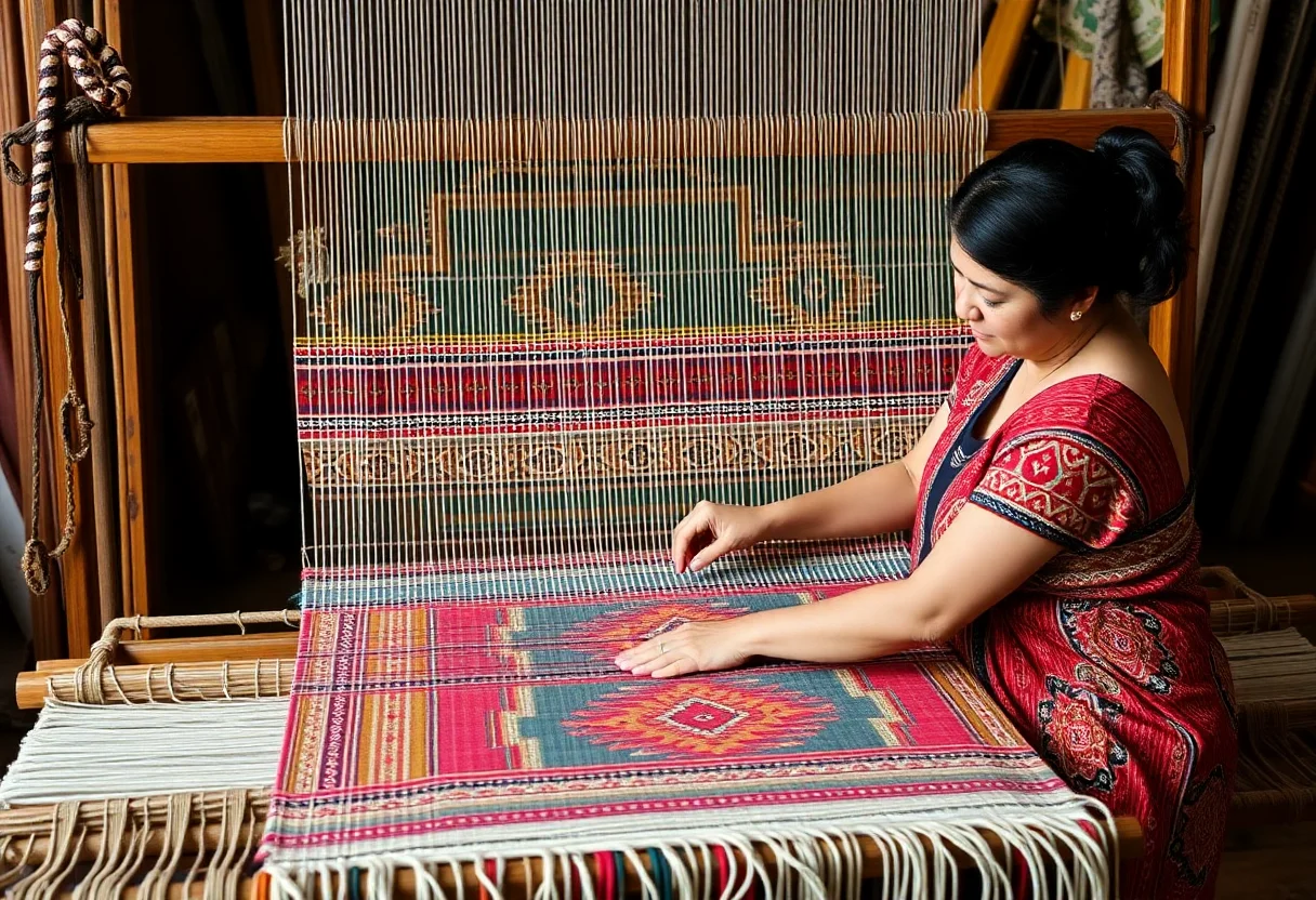 Woman weaving a colorful traditional Turkish kilim on a large loom.